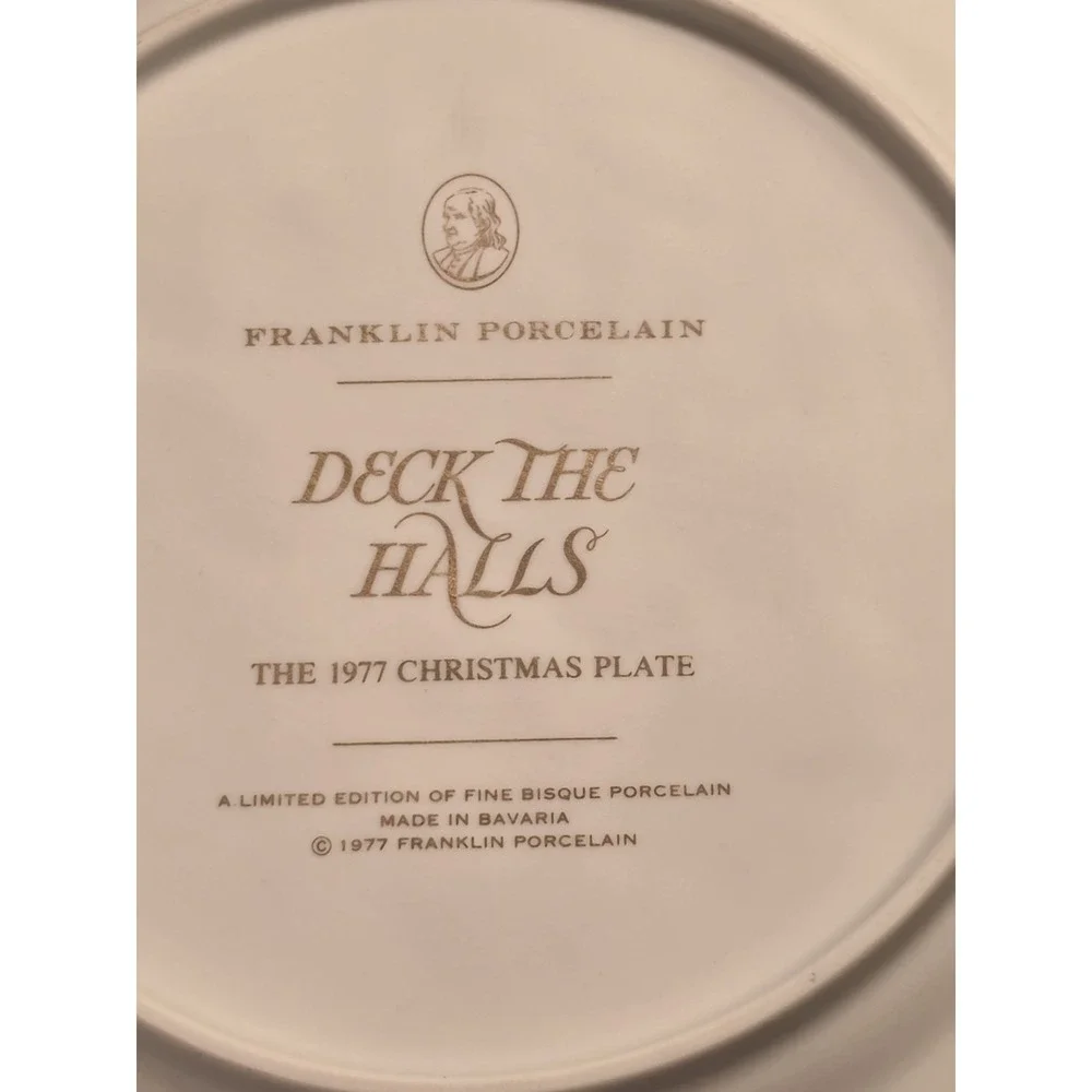 Franklin Porcelain 1977 Christmas Plate Deck the Halls Bisque Bavaria with Stand